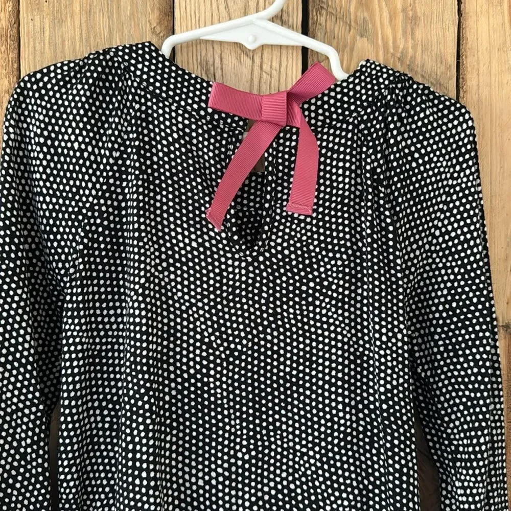 Hanna Andersson Girls Black Polka Dot Dress with Pink Ribbon Trim And Bow Size 4